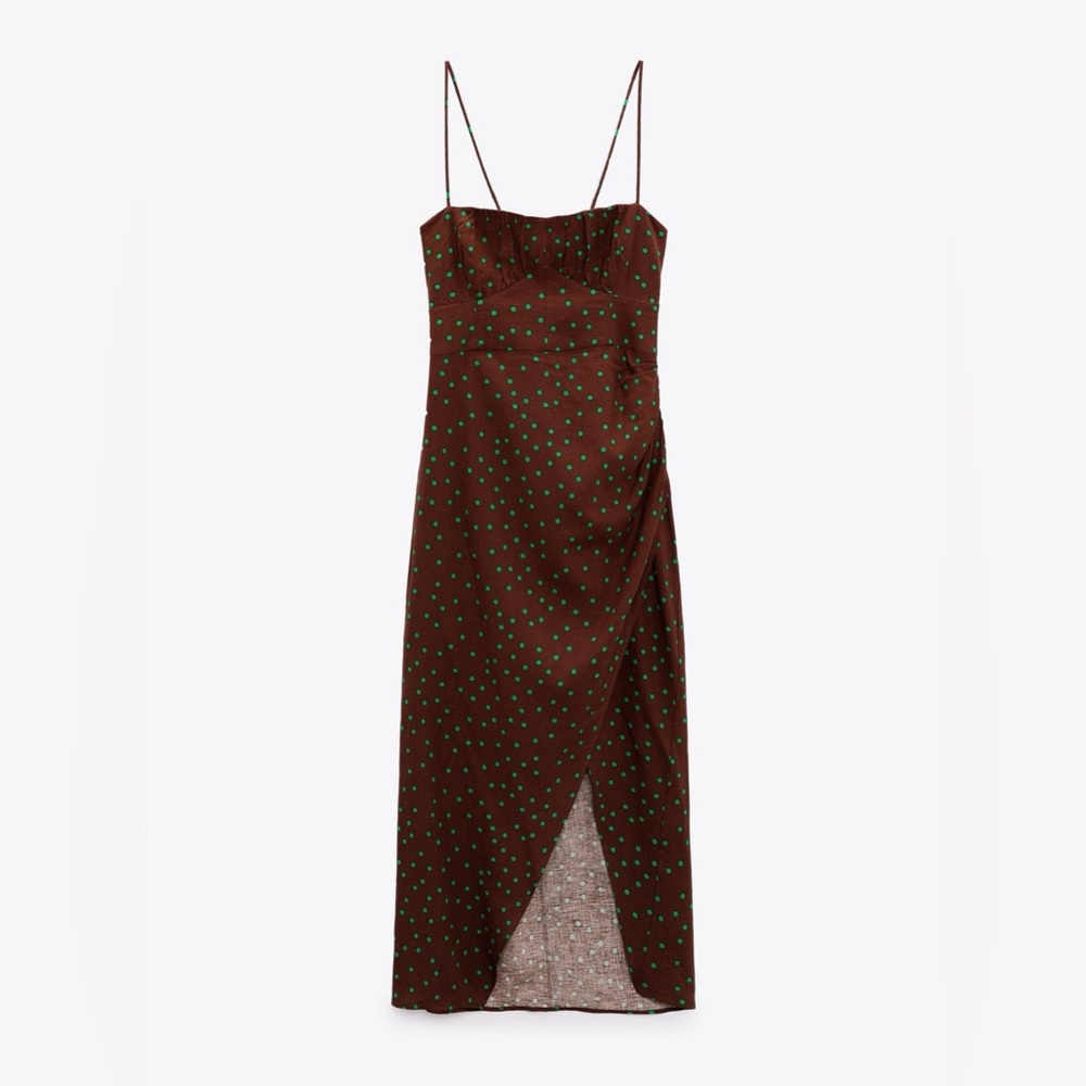 Zara Brown Dress with Green Dots - Picture 2 of 2
